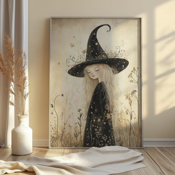 Whimsical Golden Witch Print Elegant Halloween Wall Art Vintage Girl With Flowers And Stars Instant Artwork