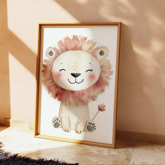 Watercolor Baby Lion Wall Art Nursery Jungle Safari Animal Illustration Instant Kids Room Decor