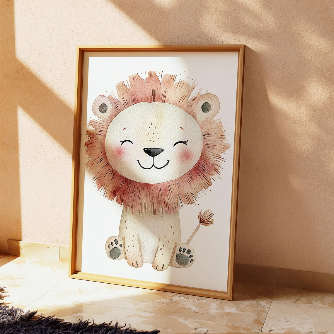 Cute Baby Lion Watercolor Smile Safari Nursery Kids Wall Art