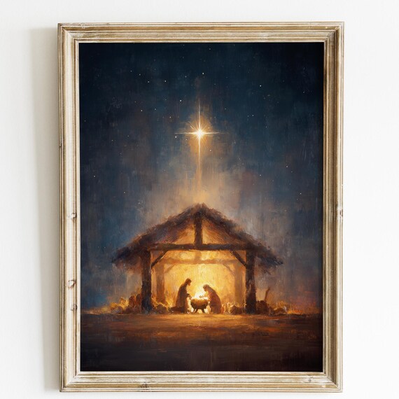 Glowing Nativity Manger Starry Night Vintage Oil Painting Christmas Poster
