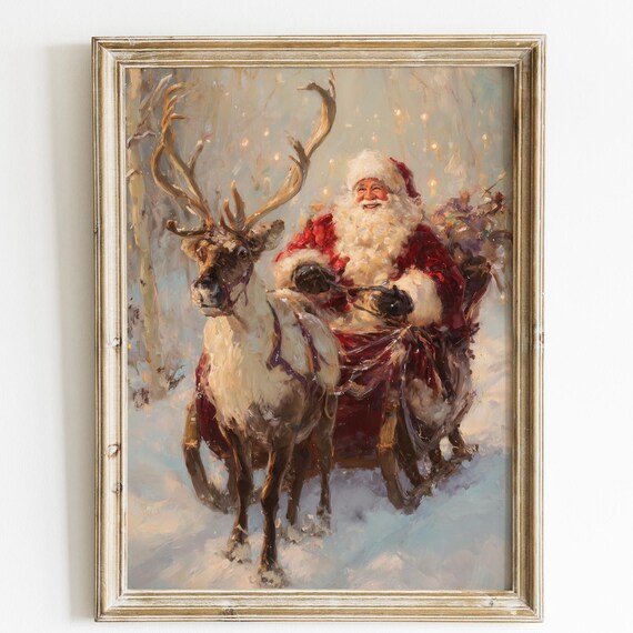 Santa Claus Sleigh Reindeer Vintage Christmas Painting Poster Art