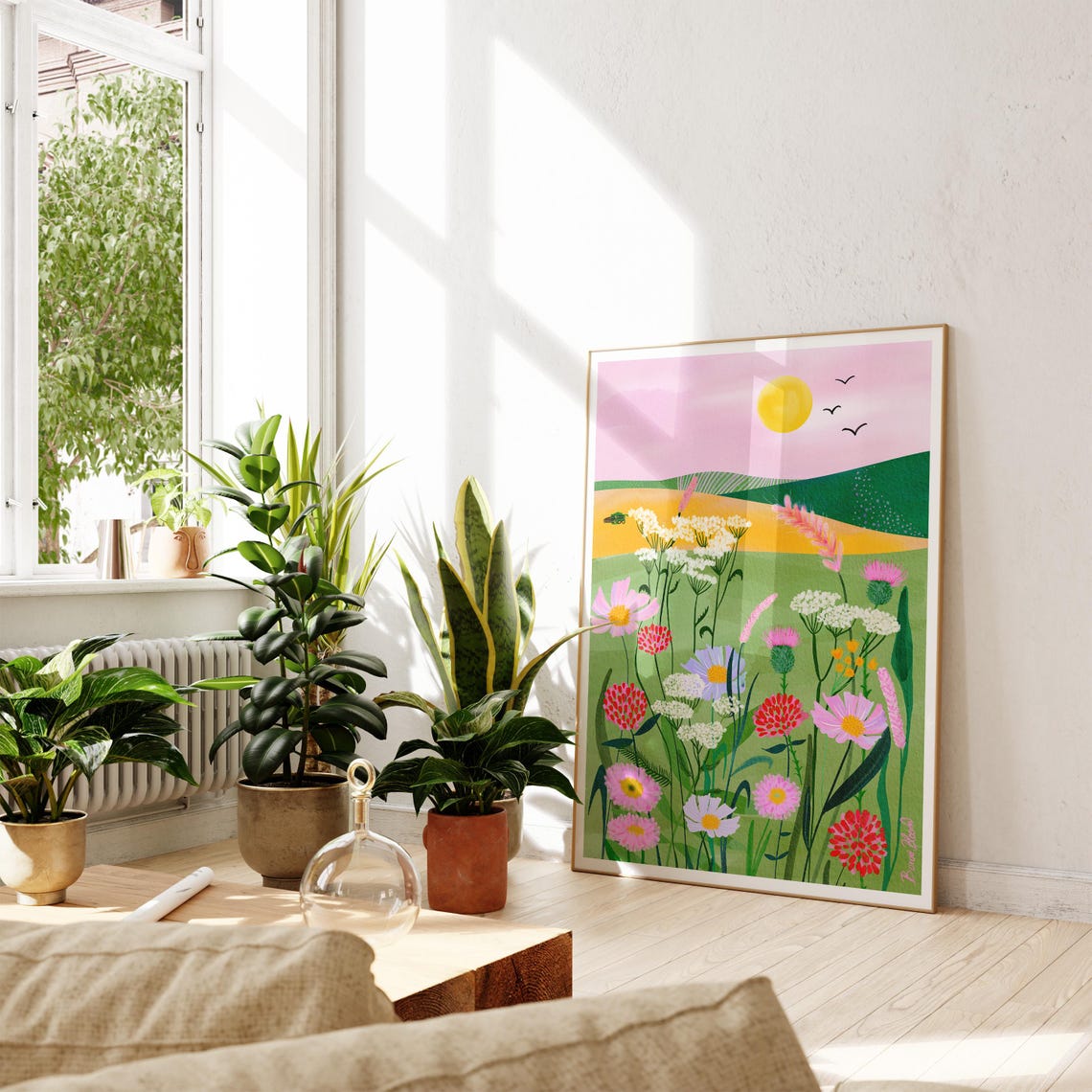 Whimsical Pink Meadow Wildflower Landscape Sunny Floral Art Poster - Image 6