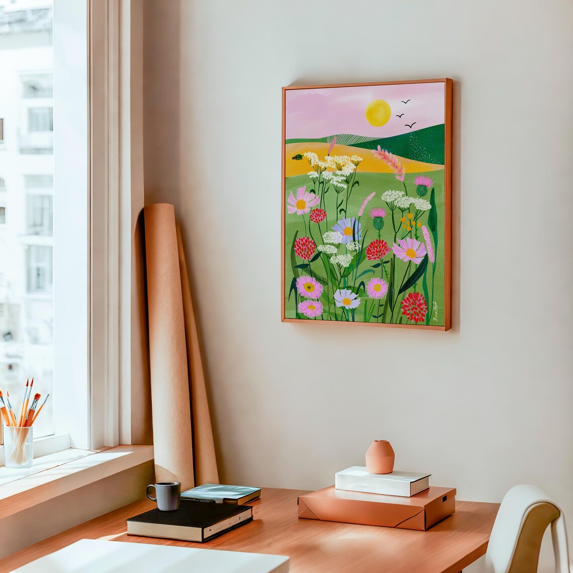 Whimsical Pink Meadow Wildflower Landscape Sunny Floral Art Poster - Image 2