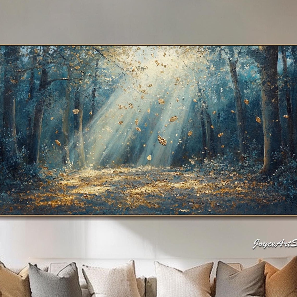 Enchanted Forest Golden Light Rays Falling Leaves 3D Art Poster