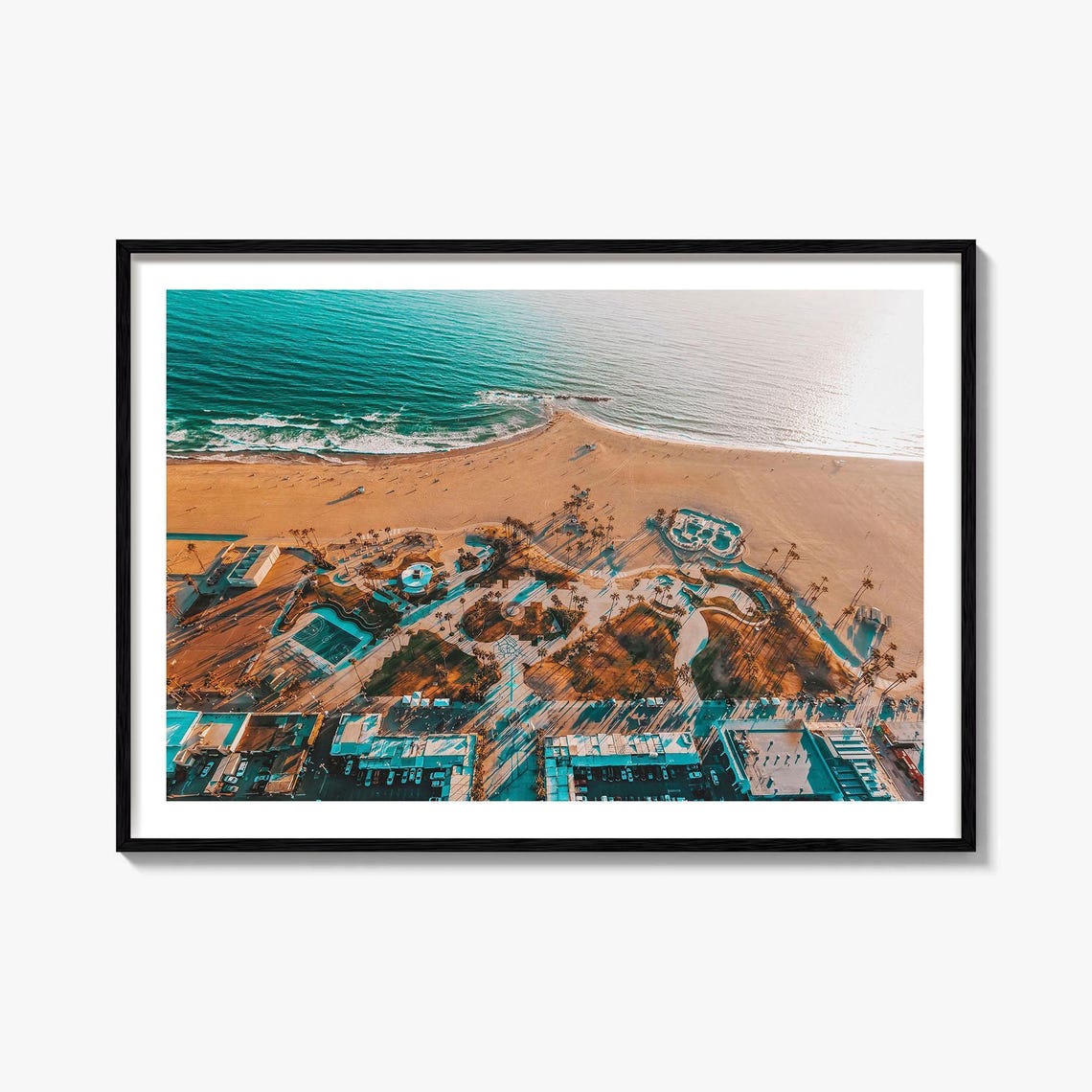 Venice Beach California Aerial Boardwalk Sand Surf Golden Hour Poster