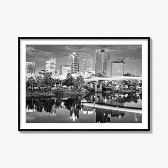 Arkansas Downtown Skyline River Reflections Black White Poster