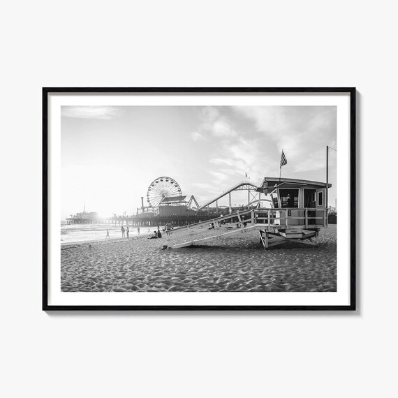 Santa Monica Pier Ferris Wheel Lifeguard Tower Black and White Poster