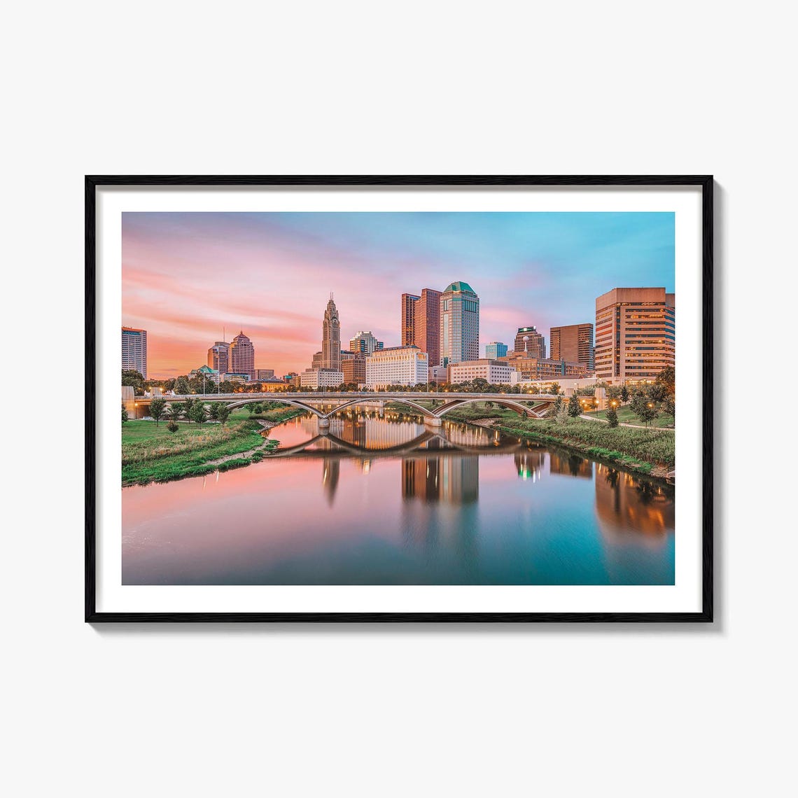 Columbus Ohio Sunset Skyline River Reflection Color Photo Poster