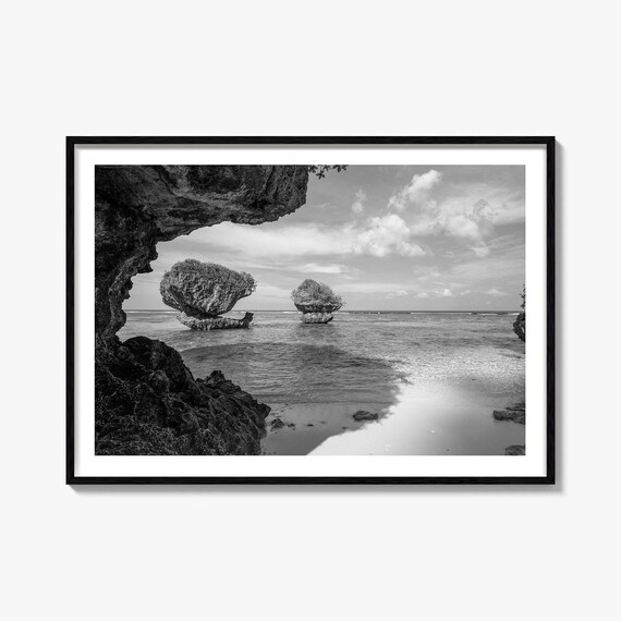 Guam Beach Sea Arch Rocky Coast Black And White Photo Poster
