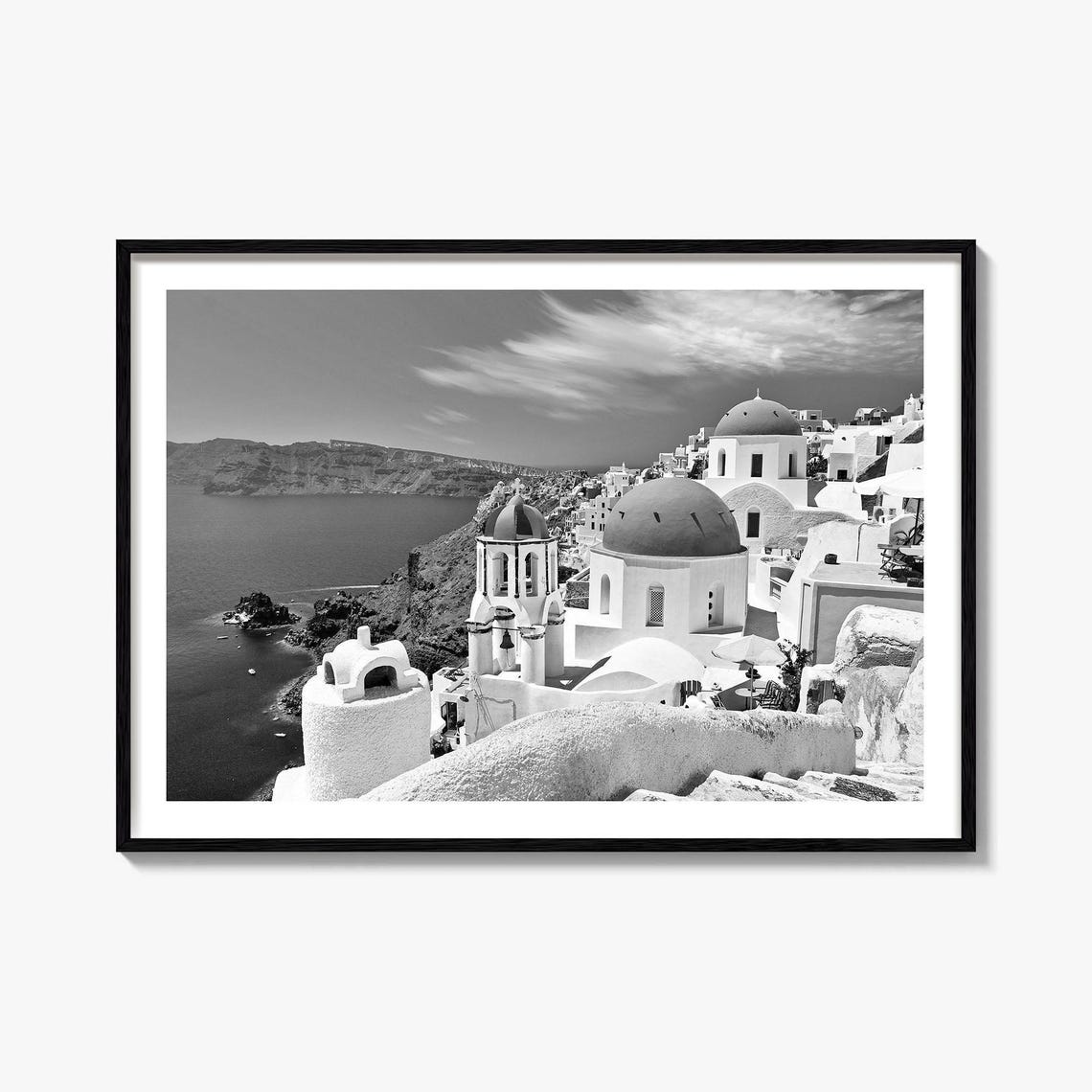 Santorini Greece Black White Domed Churches Caldera Sea View Poster