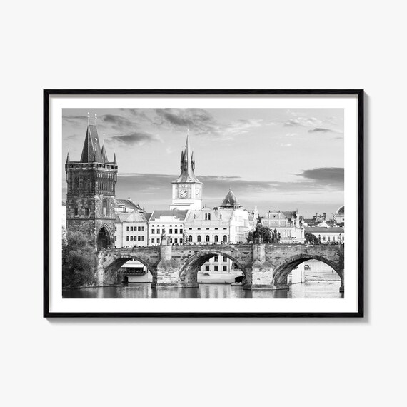 Prague Charles Bridge Old Town Vltava River Black and White Poster