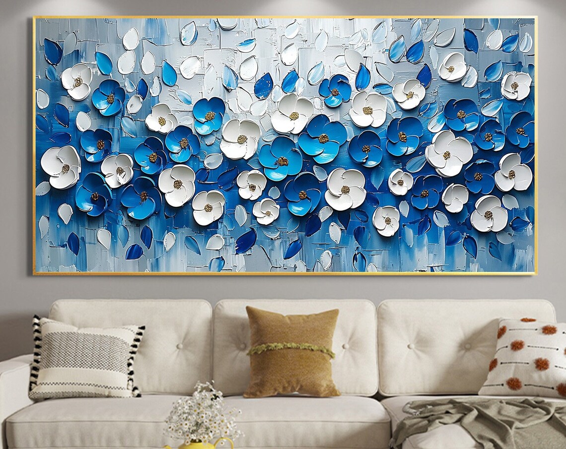 Blue and White Floral Impasto Blossom Living Room Art Poster