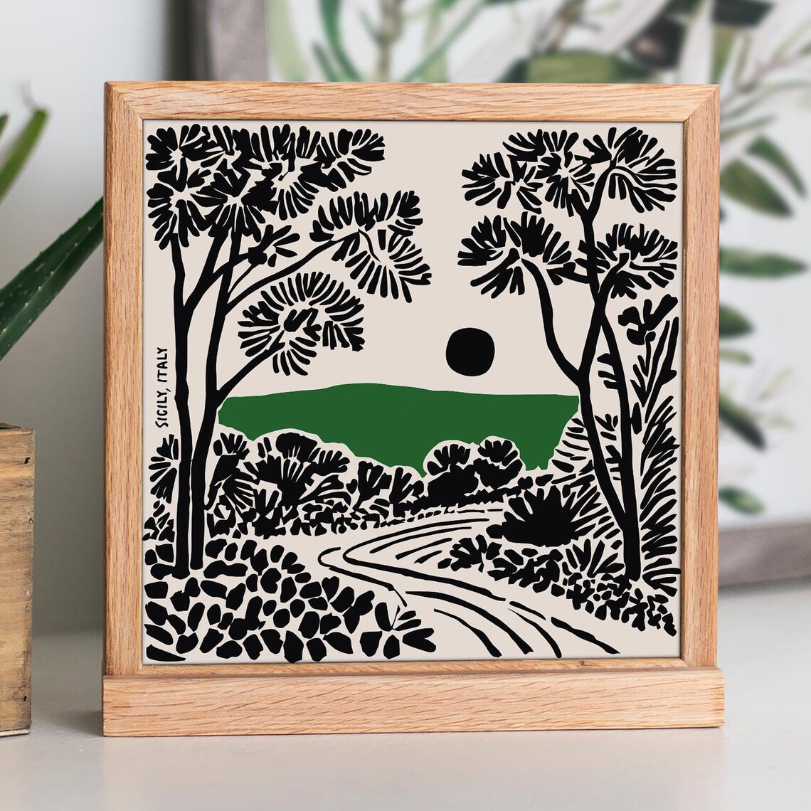 Sicily Italy Black Ink Pine Tree Landscape Linocut Travel Poster