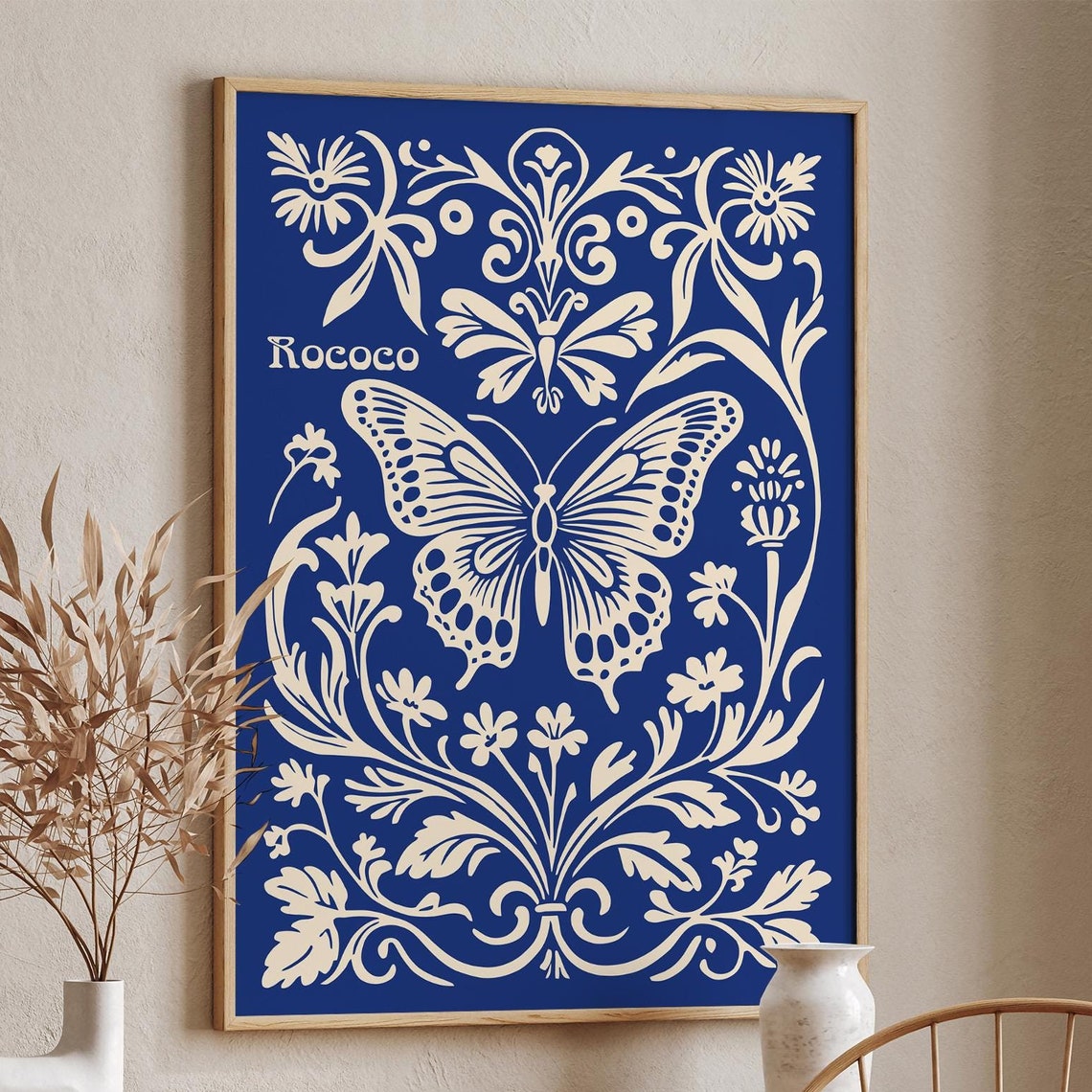 Rococo Blue And Cream Butterfly Botanical Illustration Poster - Image 6