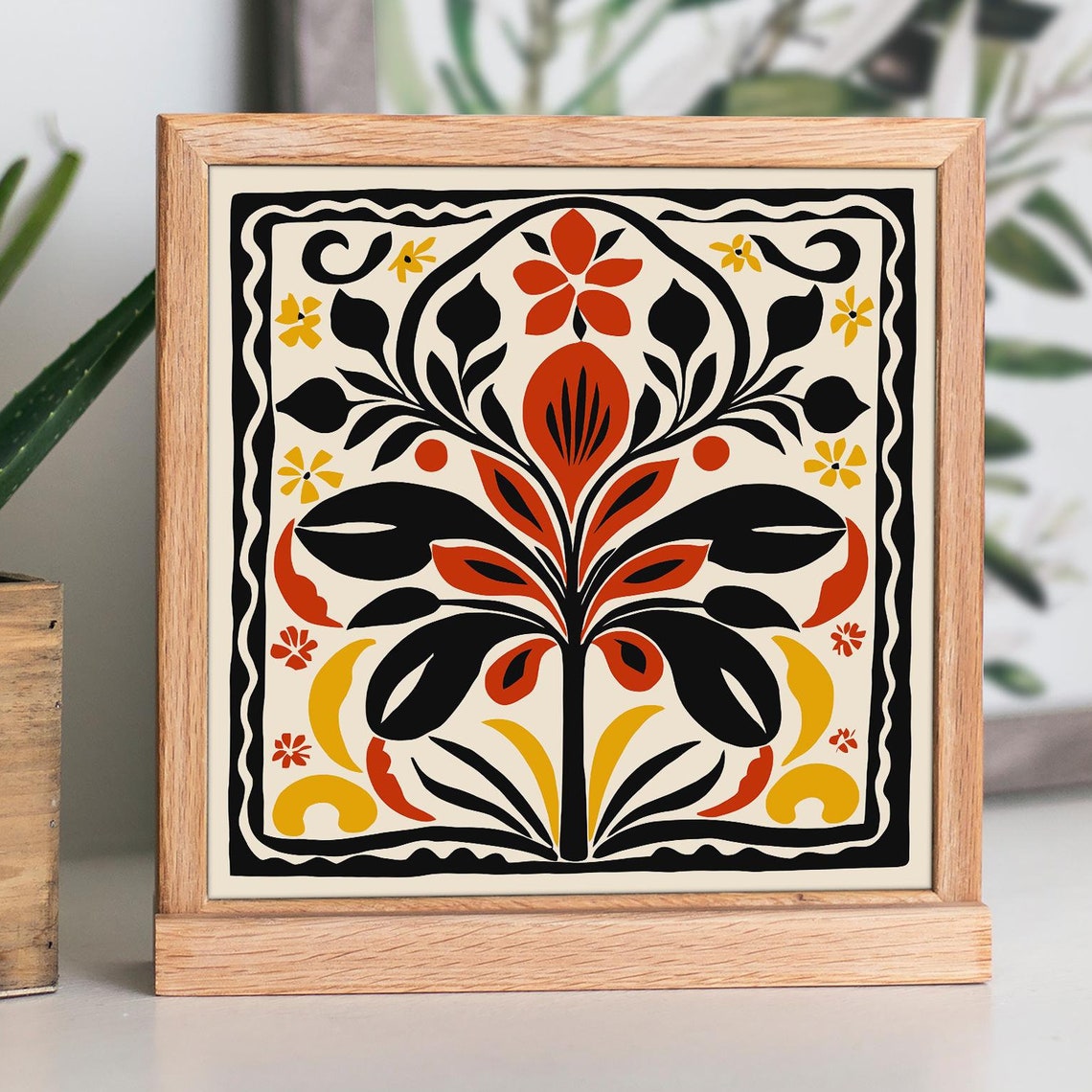 Bold Abstract Folk Floral Tile Square Art Poster In Warm Colors