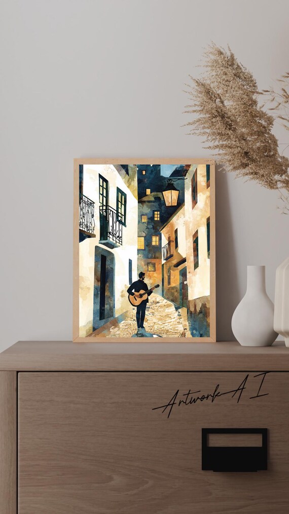 Night Guitarist in Old Porto Cobblestone Alley Watercolor Music Poster