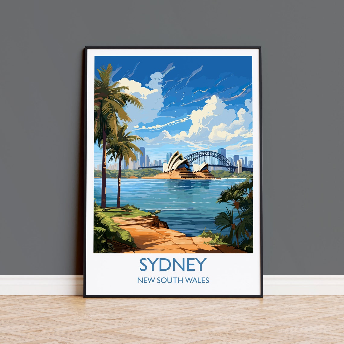 Sydney Opera House Harbour Bridge Palm Trees Waterfront Travel Poster