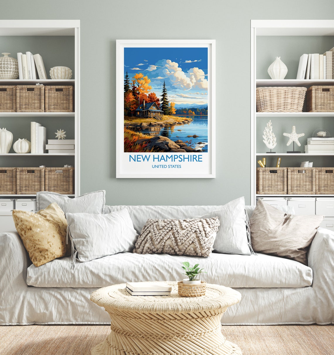 New Hampshire Autumn Lakeside Log Cabin Fall Foliage Art Poster - Image 4