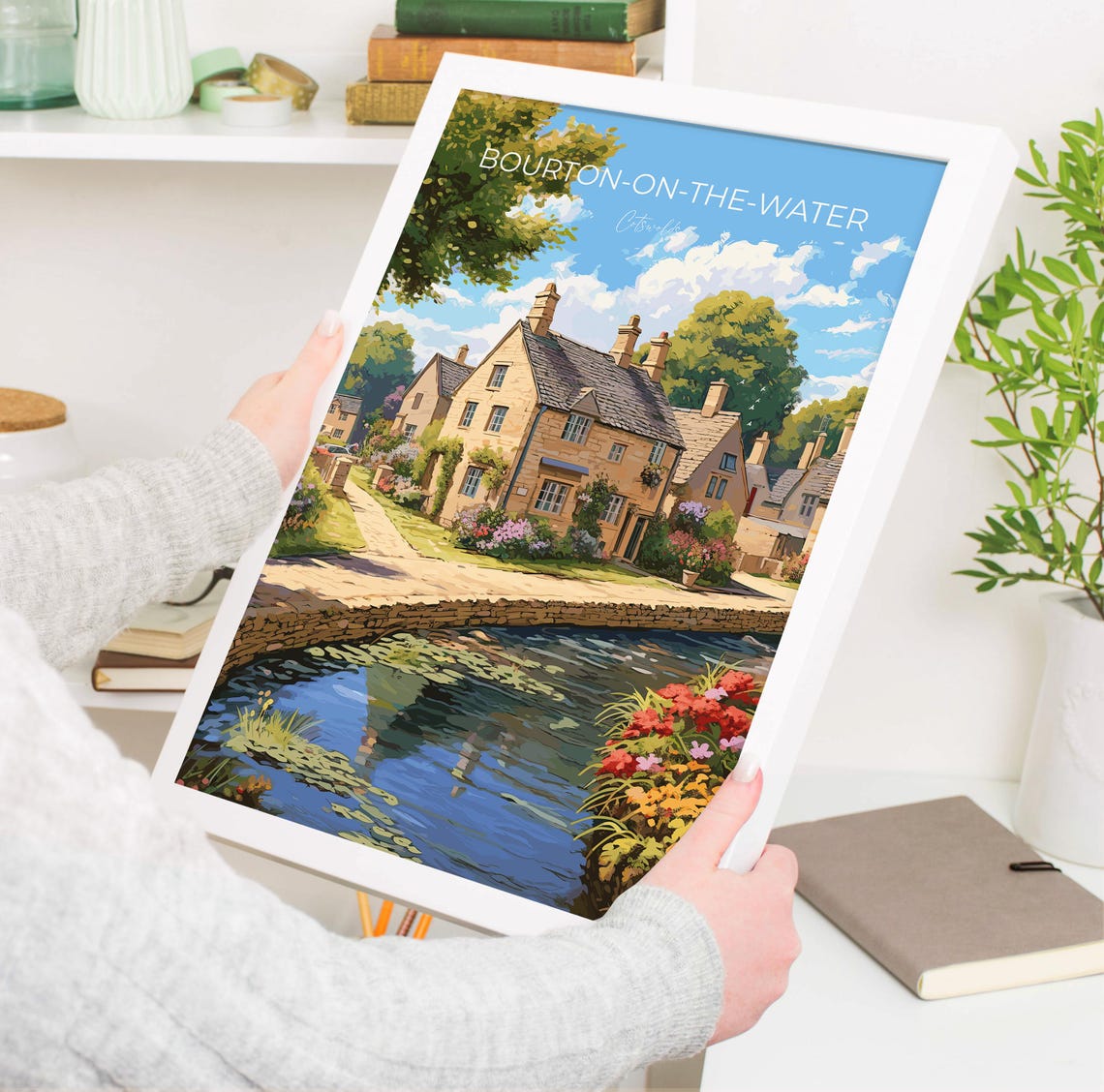 Bourton-on-the-Water Cotswolds River Stone Cottage View Poster - Image 3