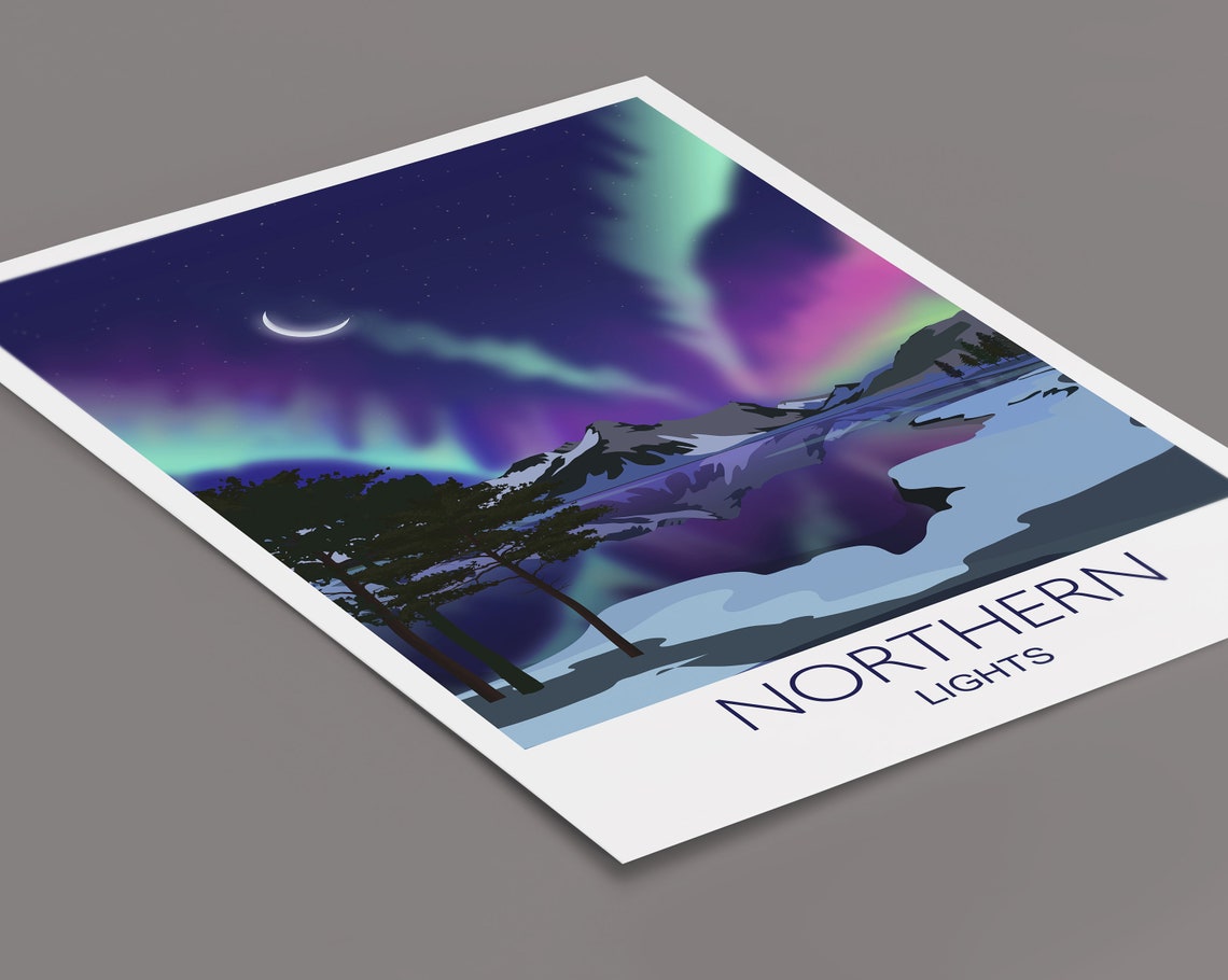 Northern Lights Aurora Pink Green Sky Snowy Peaks Art Poster - Image 2