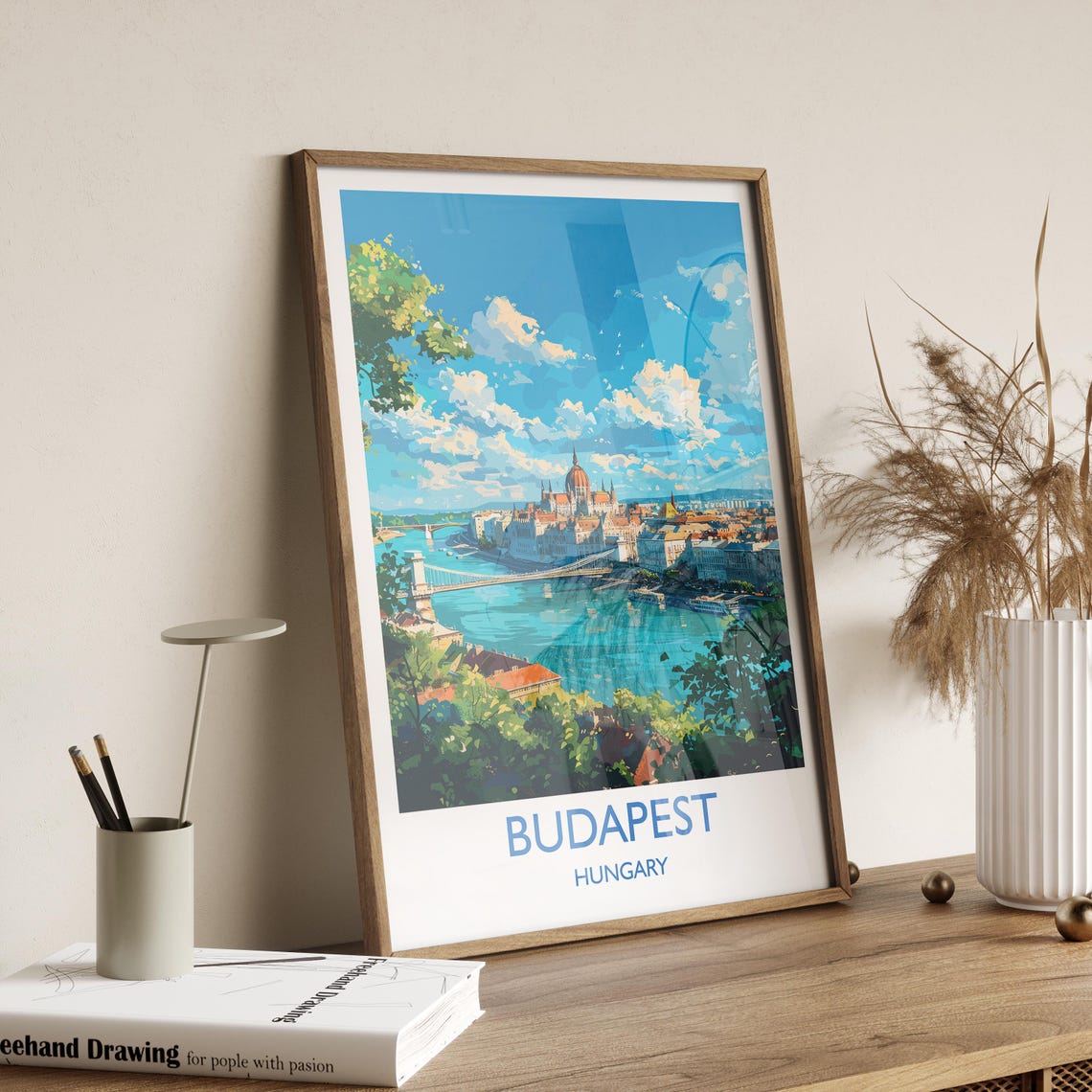 Budapest Parliament Danube View White Border Text Travel Poster - Image 2