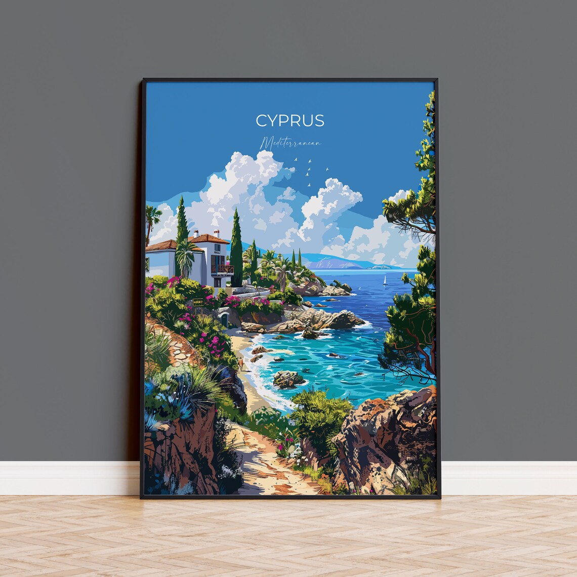 Cyprus Mediterranean Villa Path Down to Rocky Cove Beach Travel Poster