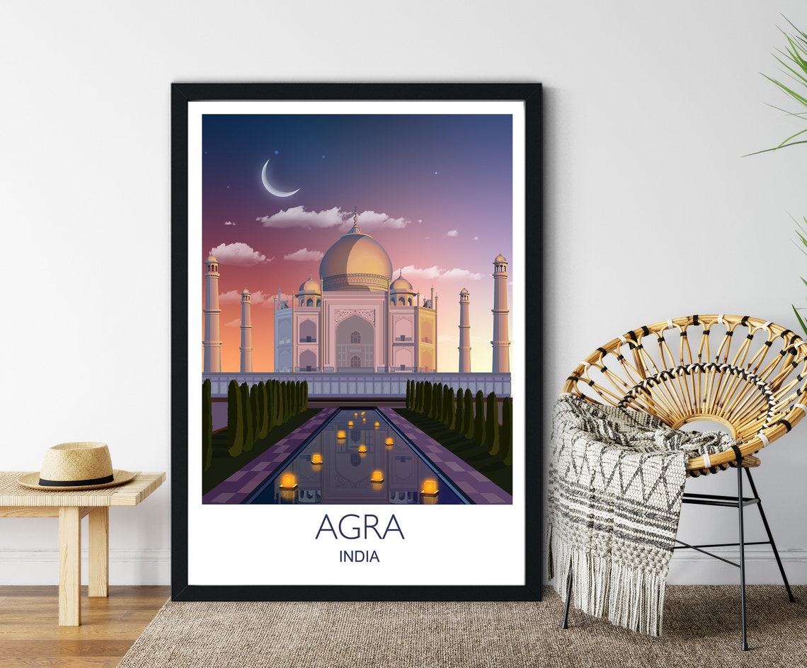 Agra India Taj Mahal Evening Sky Lanterns Pool Moonlight Poster