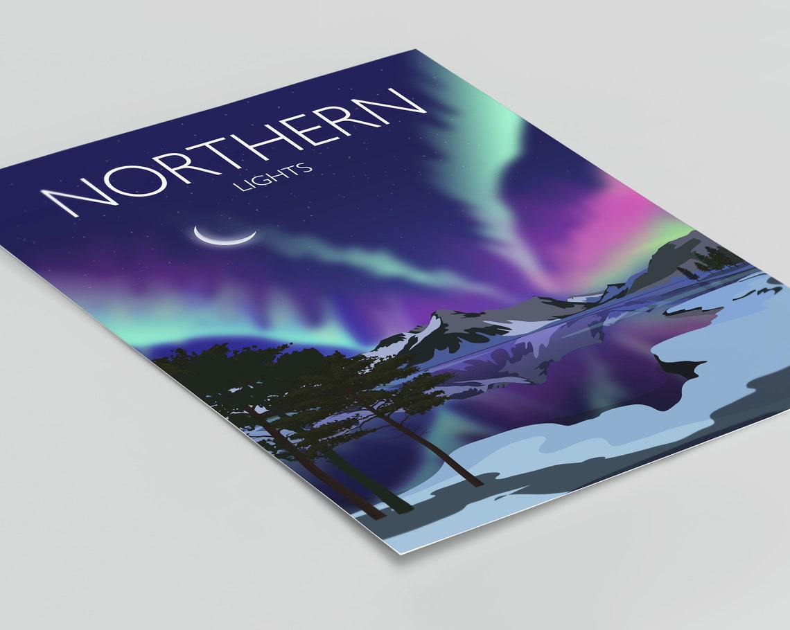 Northern Lights Aurora Lake Reflection Starry Night Art Poster - Image 2