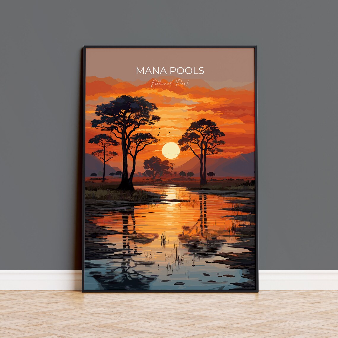 Mana Pools National Park Fiery Sunset Over Water Travel Poster