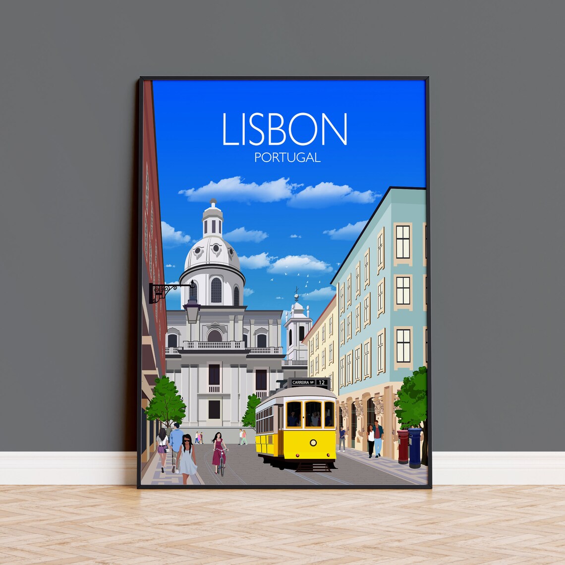 Lisbon Portugal Yellow Tram Historic Street Scene Travel Poster