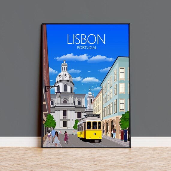 Lisbon Portugal Yellow Tram Historic Street Scene Travel Poster