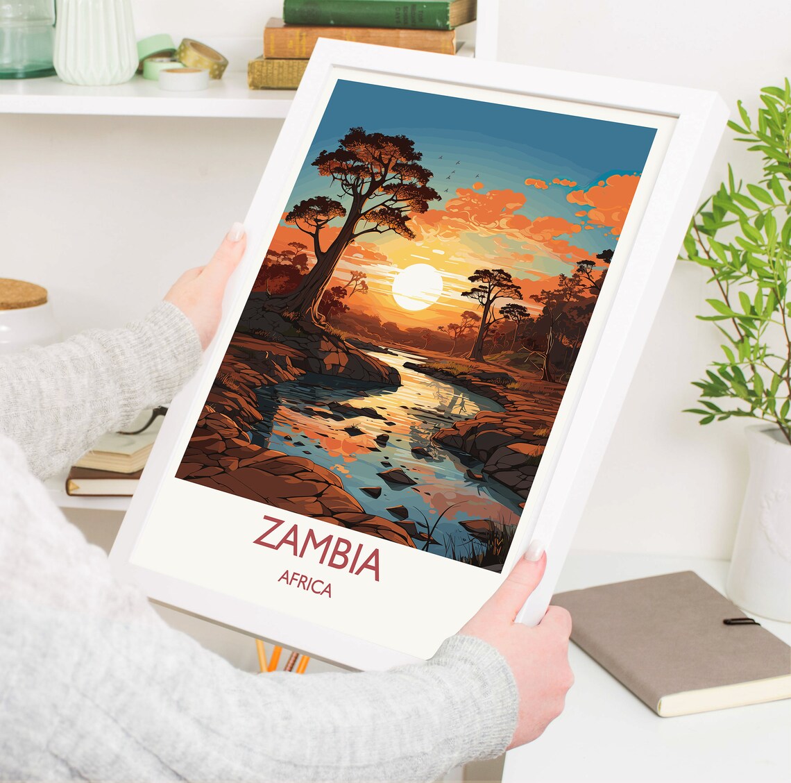 Zambia Africa Sunset River Safari Wildlife Travel Art Poster - Image 5