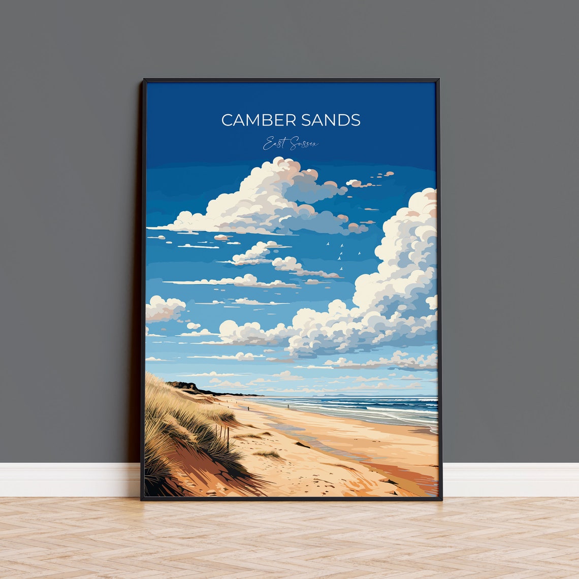 Camber Sands East Sussex Dunes Dramatic Clouds Shoreline Travel Poster
