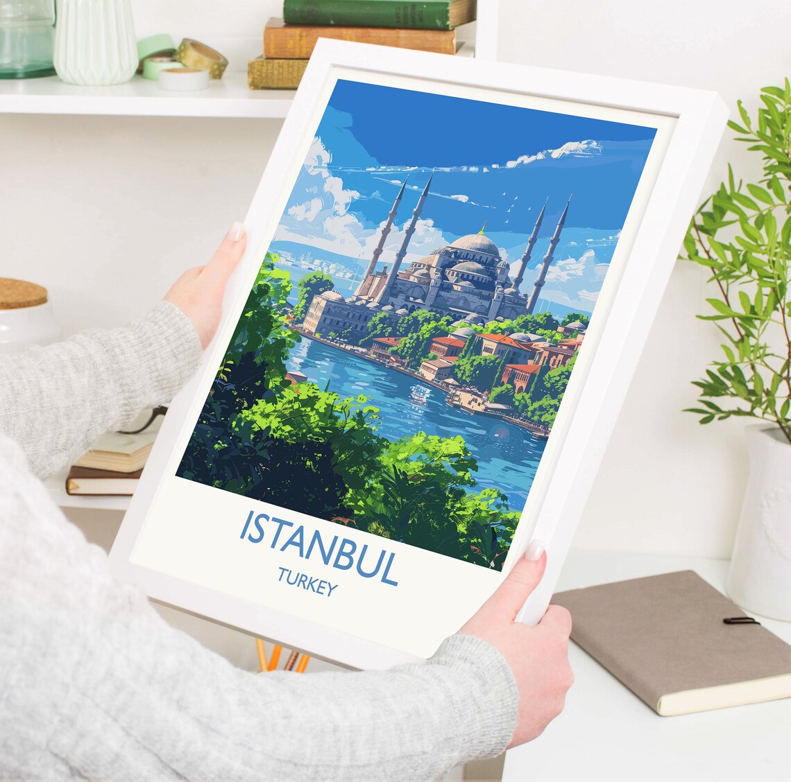 Istanbul Turkey Iconic Mosque Skyline in a Bright Blue Travel Poster - Image 3