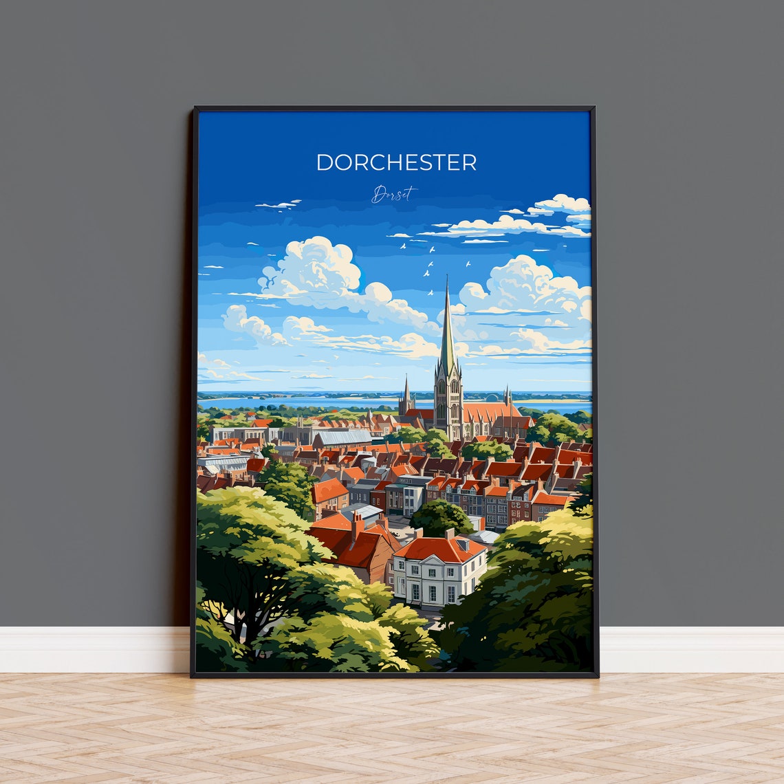 Dorchester Dorset Town View Church Spire Vintage Travel Poster
