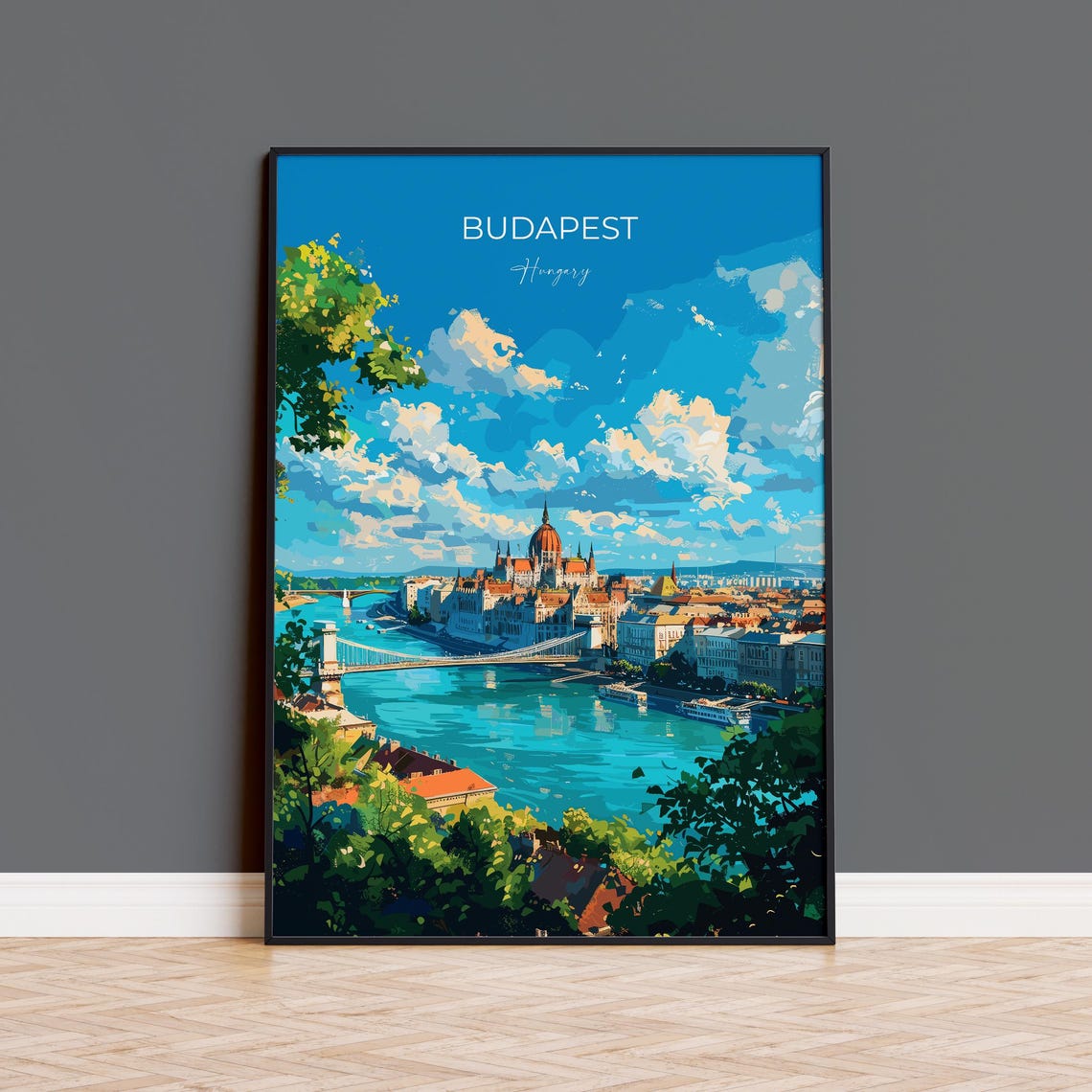 Budapest Parliament Danube River Top Lettering Travel Poster