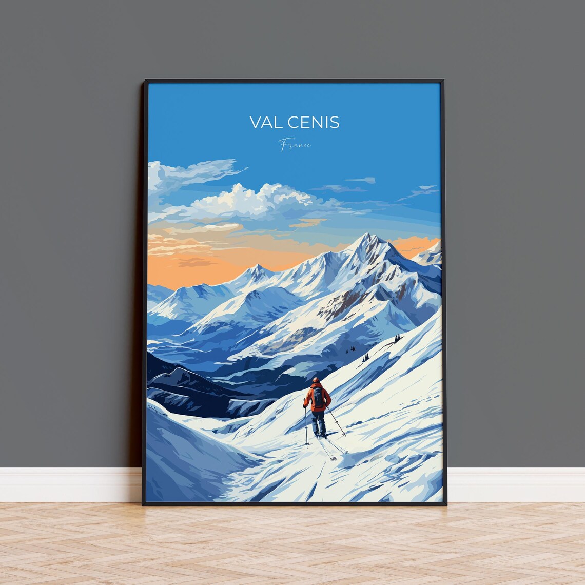 Val Cenis France Golden Hour Skier Mountain Modern Travel Poster