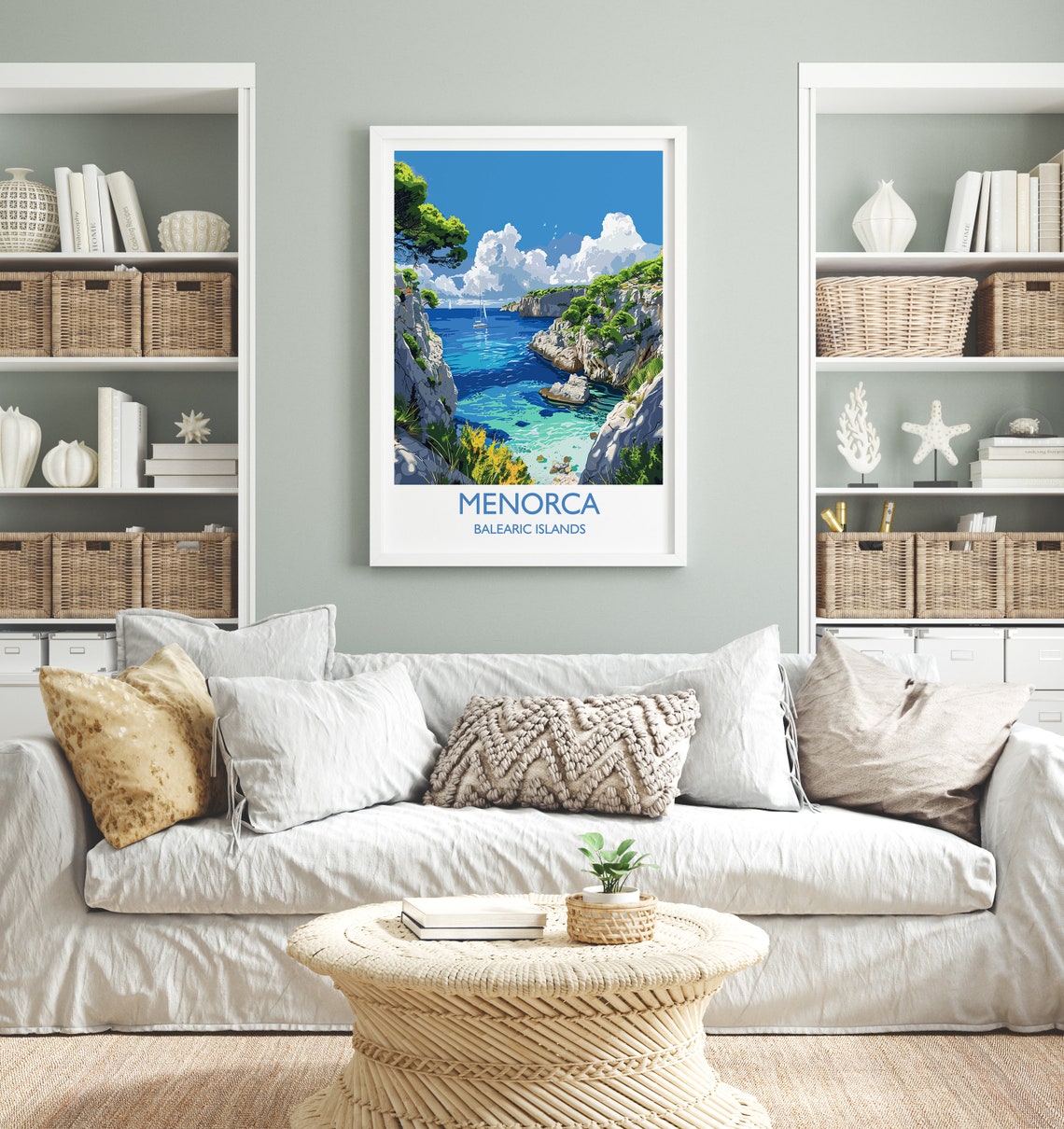 Menorca Balearic Islands Hidden Cove Cliffs Sailboat Travel Poster - Image 2