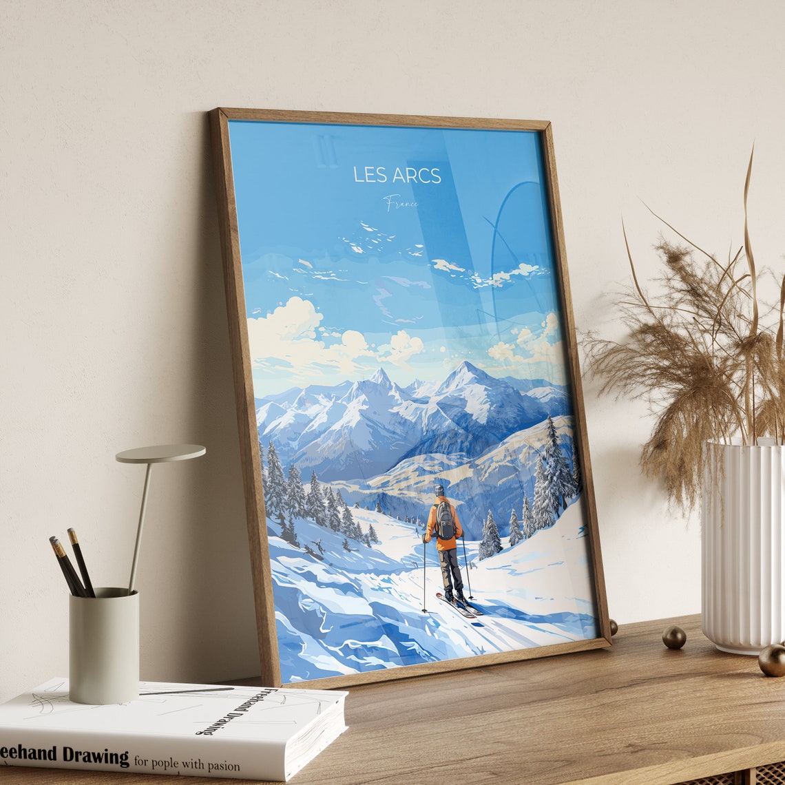 Les Arcs France Alpine Ski Resort Snowy Mountain Peaks Skier Poster - Image 2