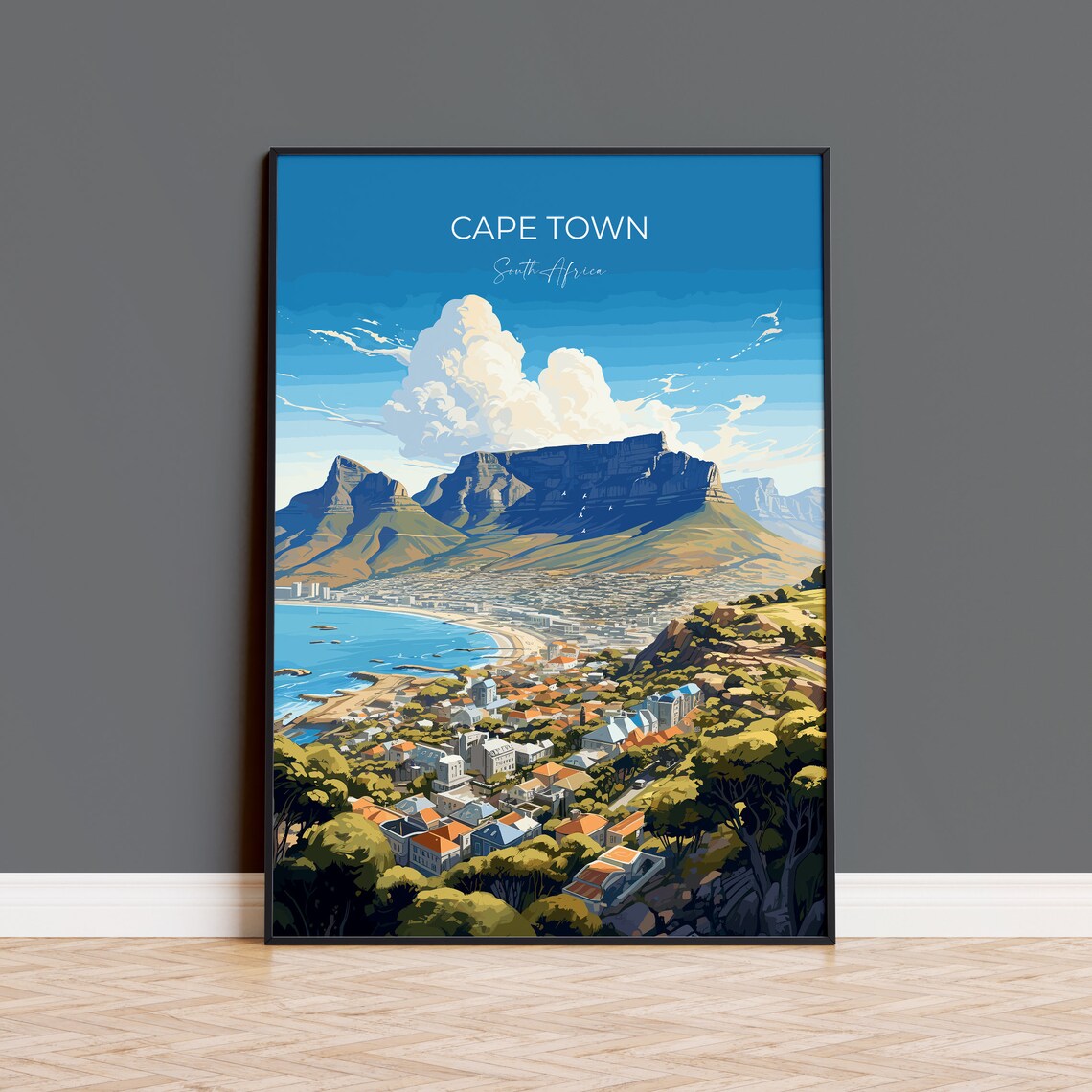 Cape Town South Africa Table Mountain Seaside Hills View Travel Poster