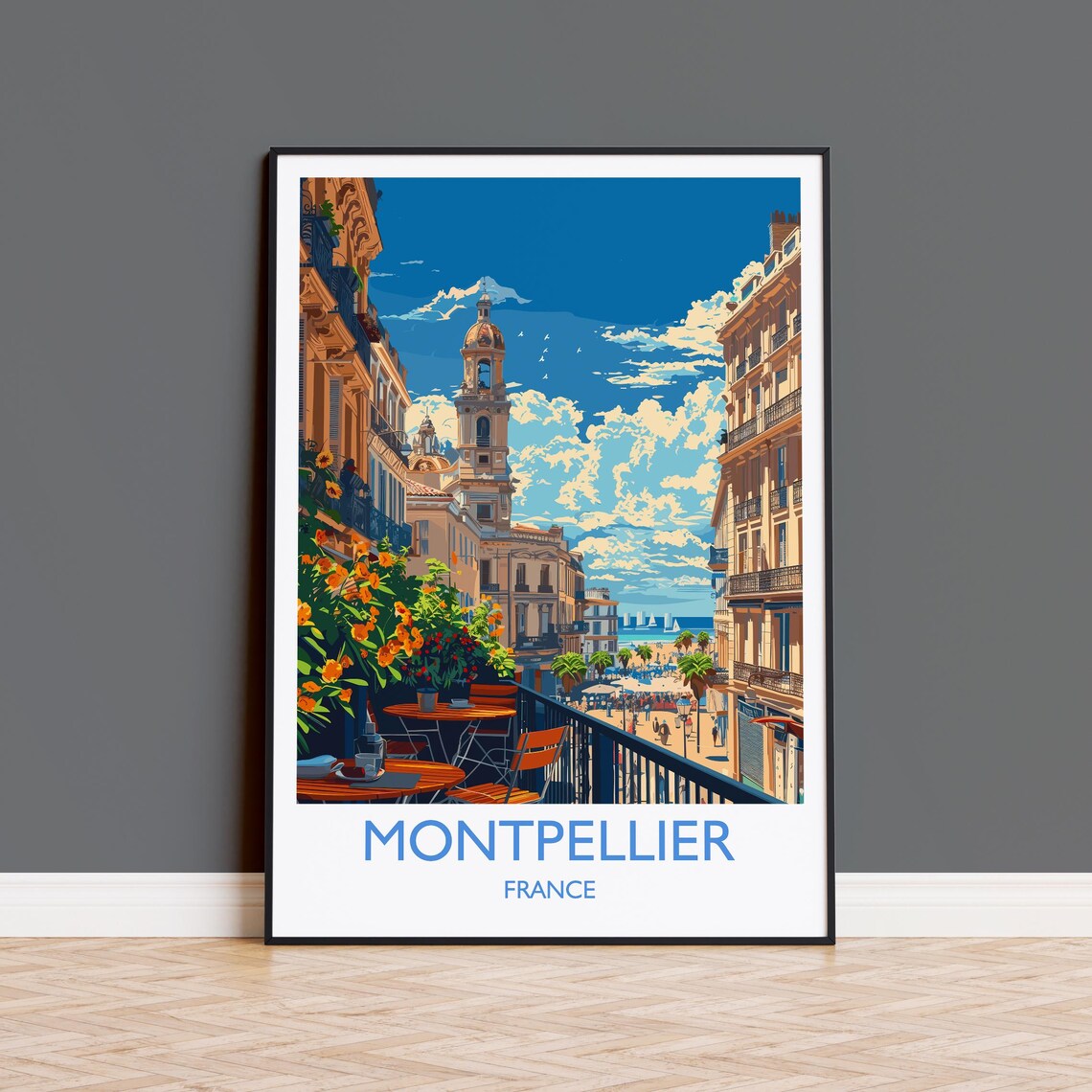 Montpellier France Balcony Cafe Street White Border Travel Poster