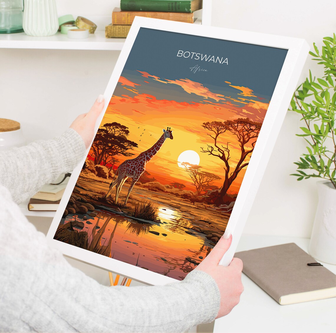 Botswana Africa Giraffe Waterhole Sunset Glow Vintage Travel Poster - Image 5