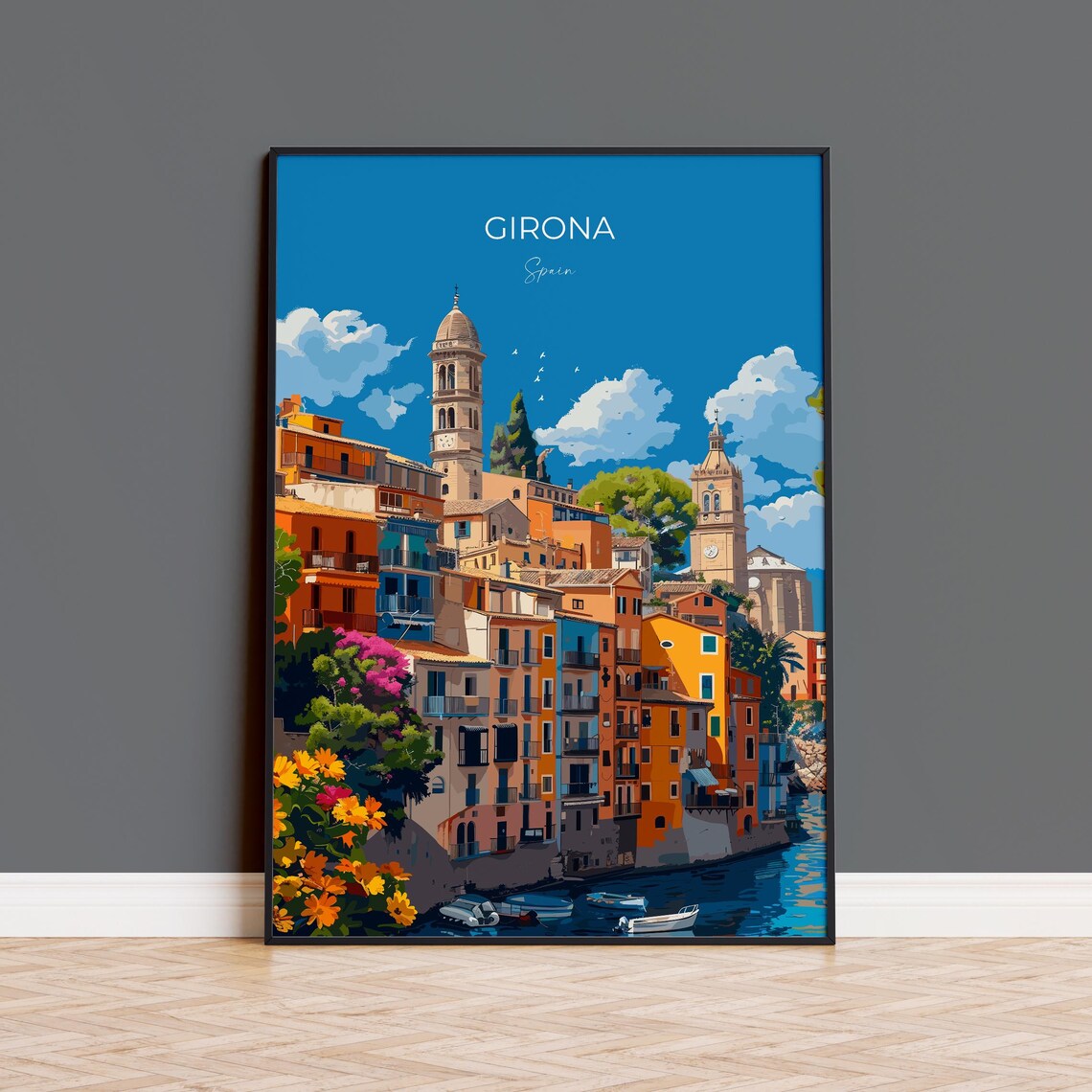 Girona Spain Colorful Onyar Riverside Houses Water View Travel Poster