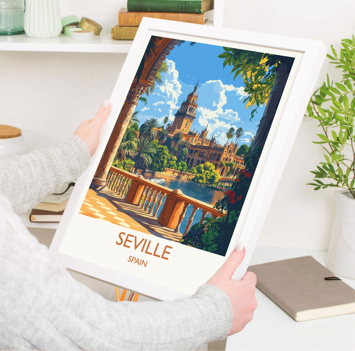 Seville Plaza de Espana Canal Palms Classic Travel Banner Poster - Image 3
