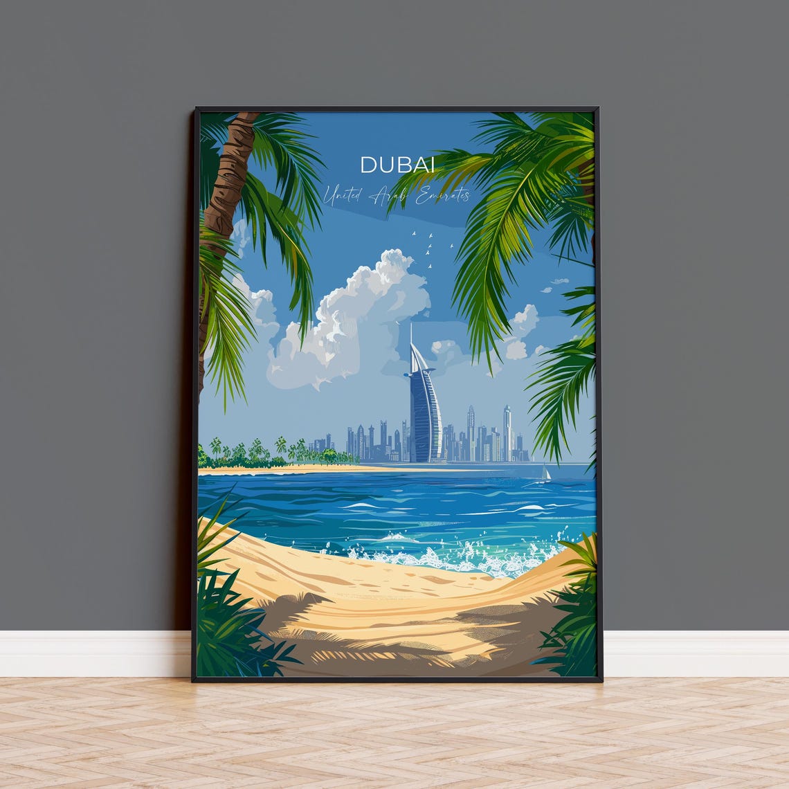Dubai UAE Burj Al Arab Sandy Beach Palm Trees Vintage Travel Poster