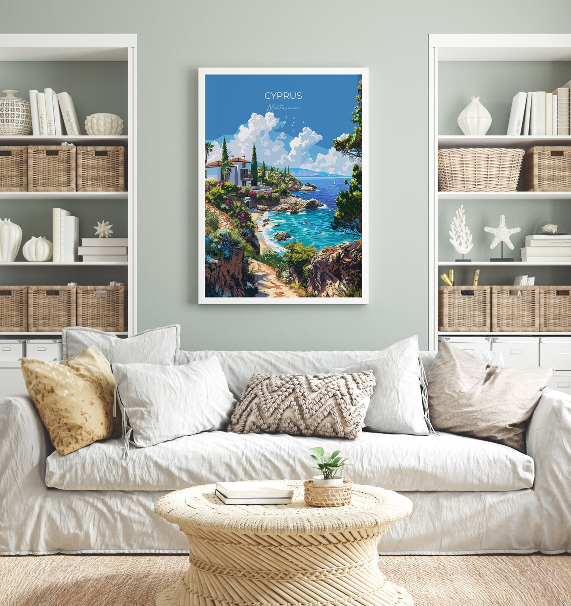 Cyprus Mediterranean Villa Path Down to Rocky Cove Beach Travel Poster - Image 2
