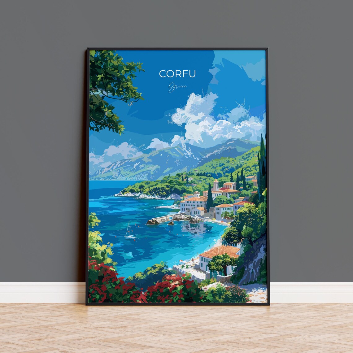 Corfu Greece Coastal Village Bay Top Lettering Travel Poster
