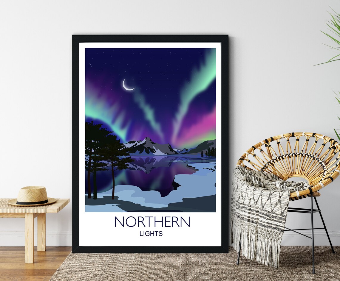 Northern Lights Aurora Pink Green Sky Snowy Peaks Art Poster