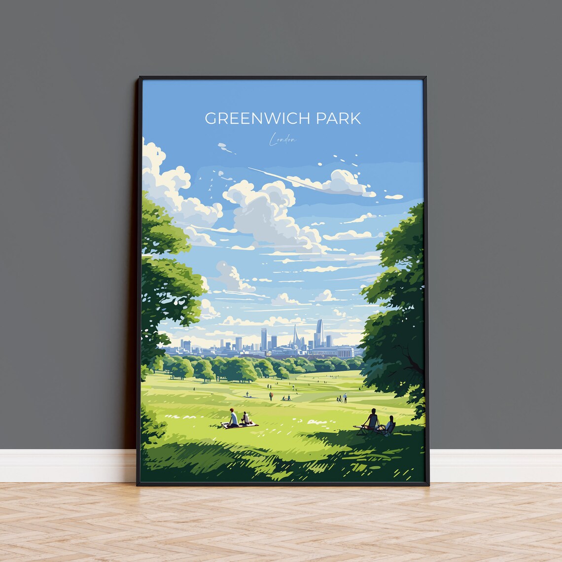 Greenwich Park London Travel Poster Blue Sky Parkland City View