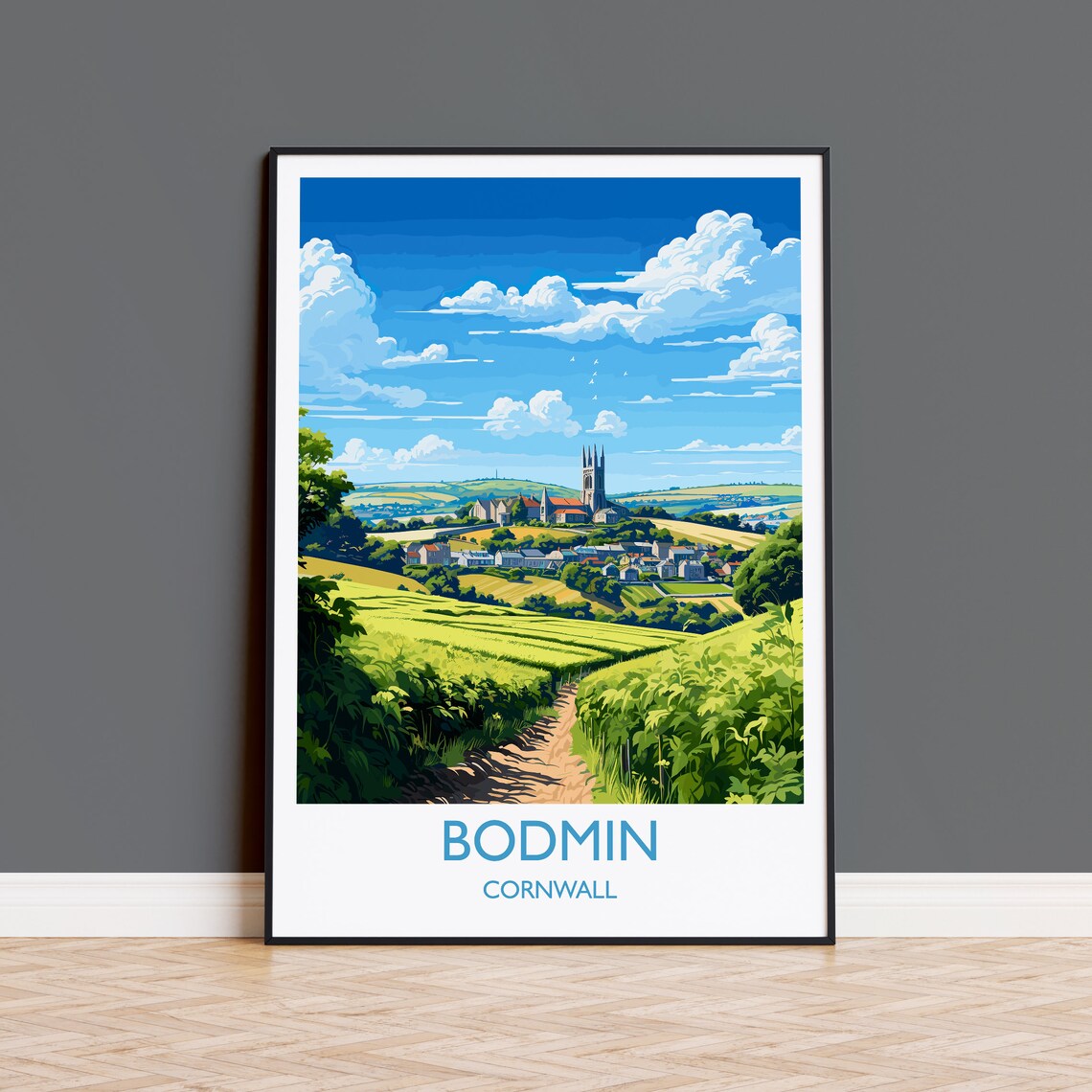 Bodmin Cornwall Church Tower Green Hills Village View Travel Poster